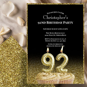 Invitation d'anniversaire 92 ans noir et or pour l