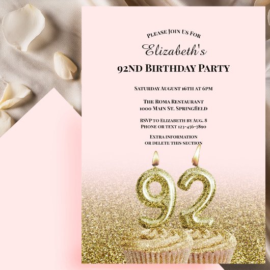 Invitation d'anniversaire 92 ans rose et or pour e