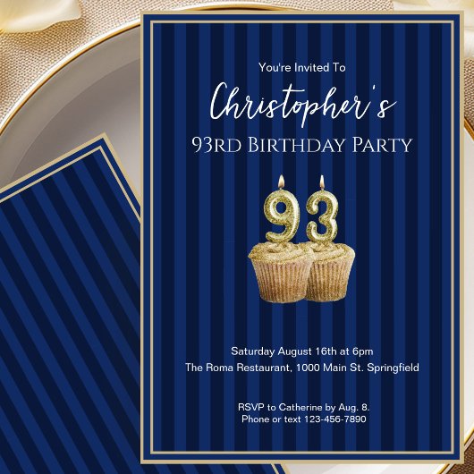 Invitation d'anniversaire 93 ans unique bleu or po