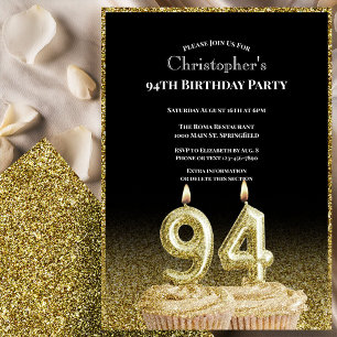 Invitation d'anniversaire 94 ans noir et or pour l