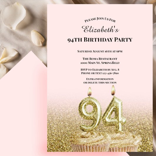 Invitation d'anniversaire 94 ans rose et or pour e