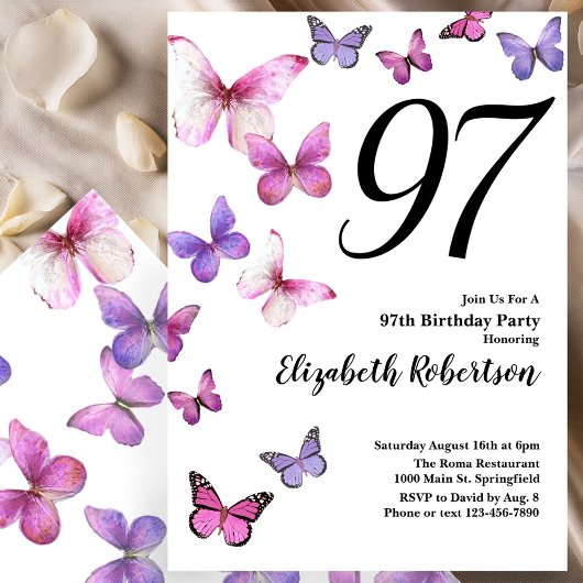 Invitation d'anniversaire 97 ans Papillon en Rose 