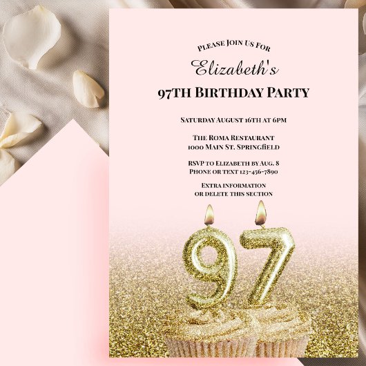 Invitation d'anniversaire 97 ans rose et or pour e