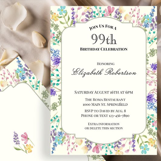 Invitation d'anniversaire 99 ans à fleurs colorées