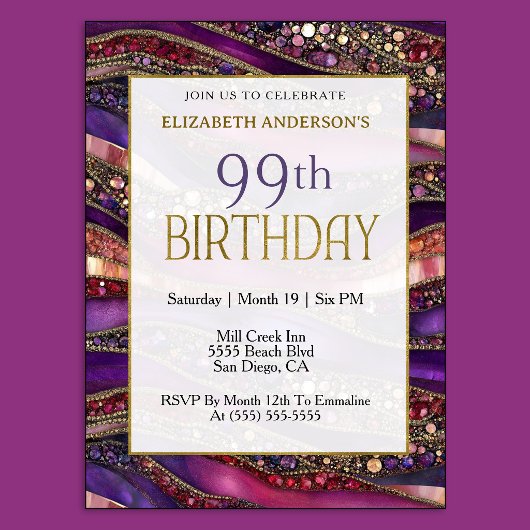 Invitation d'anniversaire 99 ans Moderne Violet Or