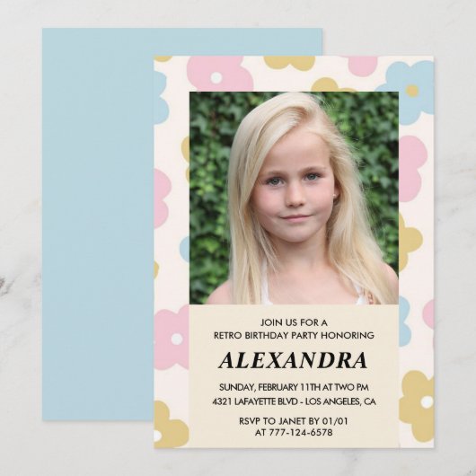 Invitation d'anniversaire 9 ans Fleurs Groovy Rétr (Devant / Derrière)