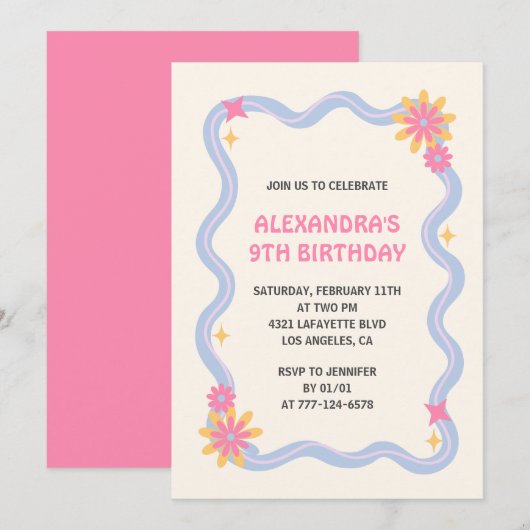 Invitation d'anniversaire 9 ans Fleurs roses rétro (Devant / Derrière)
