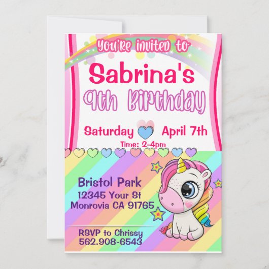 Invitation d'anniversaire 9 ans licorne pour fille (Devant)