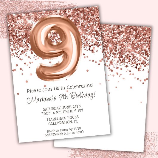 Invitation d'anniversaire 9 ans Rose Gold
