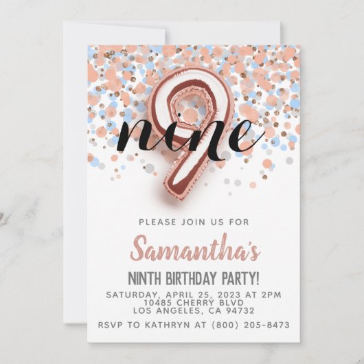 Invitation d'anniversaire 9ème Rose Gold (Devant)