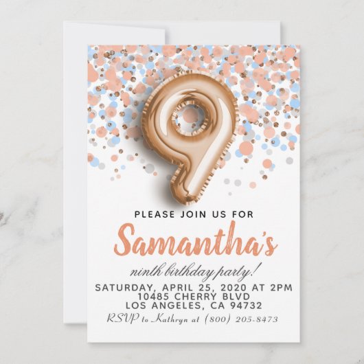 Invitation d'anniversaire 9ème Rose Gold (Devant)