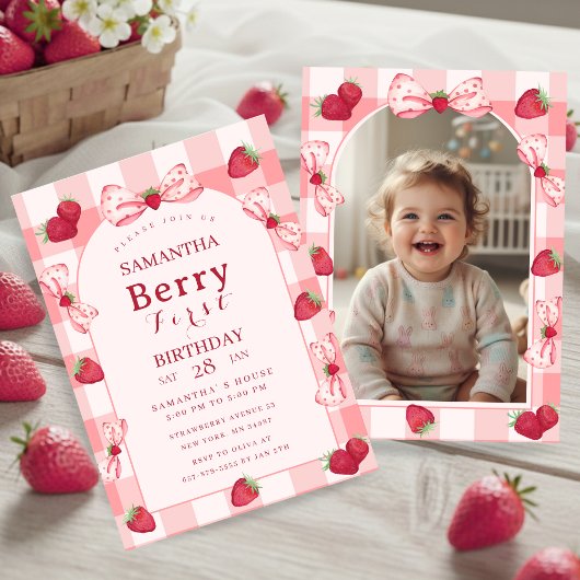 Invitation d'anniversaire à arc gingham pour fille