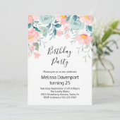 Invitation d'anniversaire à bordure florale rose e (Debout devant)