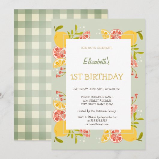 Invitation d'anniversaire à carreaux de citrons à (Devant / Derrière)