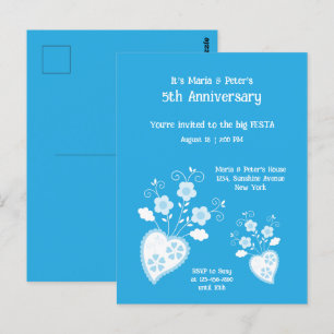 Invitation d'anniversaire à cœur à fleur bleue cha