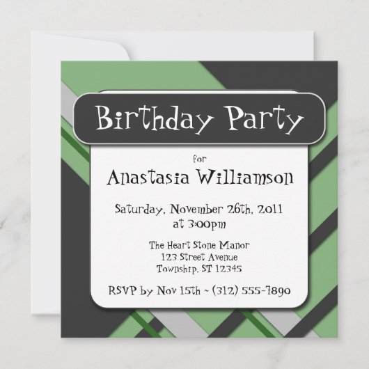 Invitation d'anniversaire à demi-plaid vert modern (Devant)