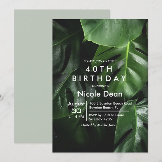 Invitation d'anniversaire à feuille tropicale pour (Devant / Derrière)