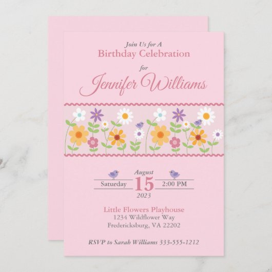 Invitation d'anniversaire à fleurs roses (Devant / Derrière)