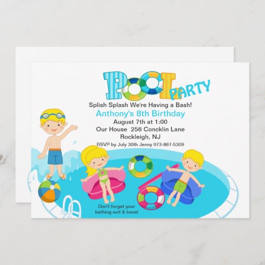 Invitation d'anniversaire à la Blue Kids Pool (Devant / Derrière)