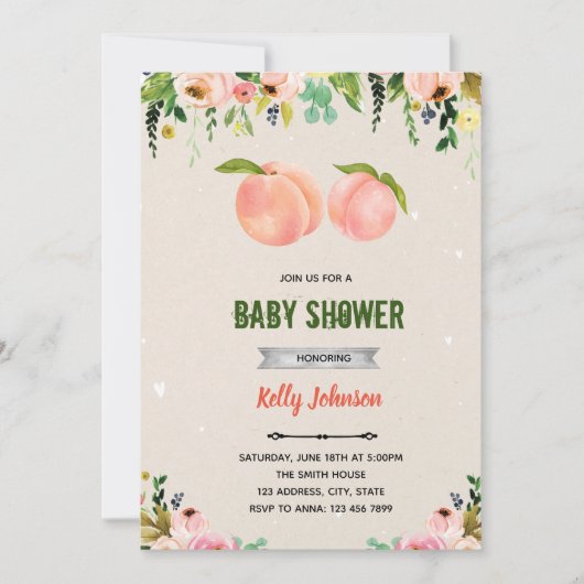 Invitation d'anniversaire à la douche aux pêches (Devant)