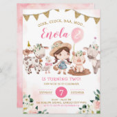 Invitation d'anniversaire à la ferme de filles ros (Devant / Derrière)