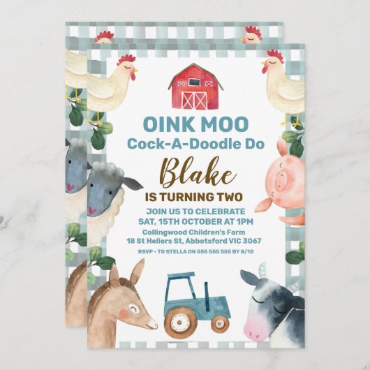 Invitation D'Anniversaire À La Ferme Plantée Bleue (Devant / Derrière)