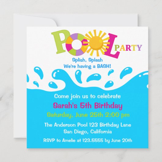 Invitation d'anniversaire à la fête de la piscine (Devant)