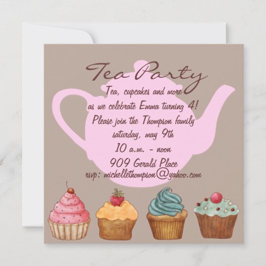 Invitation d'anniversaire à la fête du thé Cupcake (Devant)