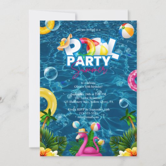 Invitation d'anniversaire à la fête piscine arc-en (Devant)