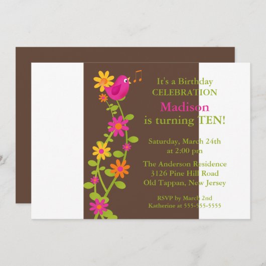 Invitation d'anniversaire à la mode Oiseaux et fle (Devant / Derrière)