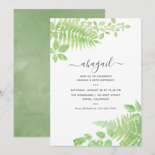 Invitation d'anniversaire à la verdure à l'aquarel (Devant / Derrière)