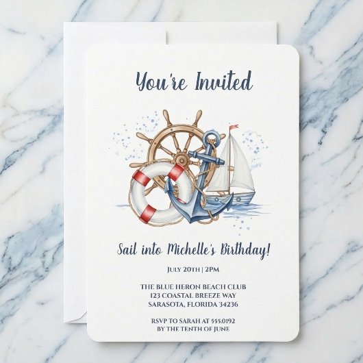 Invitation d'anniversaire à l'ancre nautique bleue
