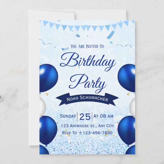 Invitation d'anniversaire à l'aquarelle bleue (Devant)