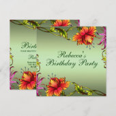 Invitation d'anniversaire à motif de fleurs vertes (Devant / Derrière)