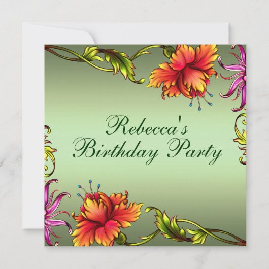 Invitation d'anniversaire à motif de fleurs vertes (Devant)