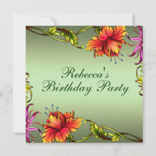 Invitation d'anniversaire à motif de fleurs vertes
