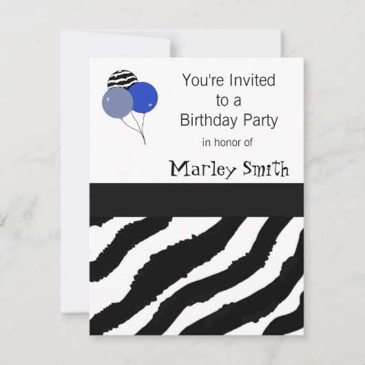 Invitation d'anniversaire à motif zèbre (Devant)