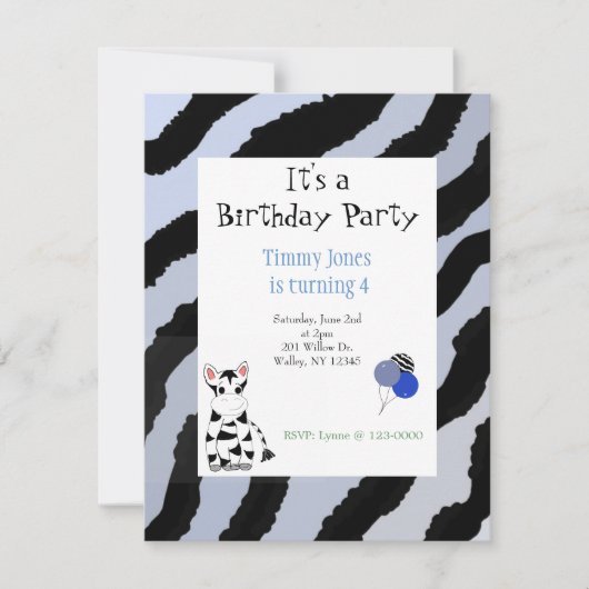 Invitation d'anniversaire à motif zèbre (Devant)