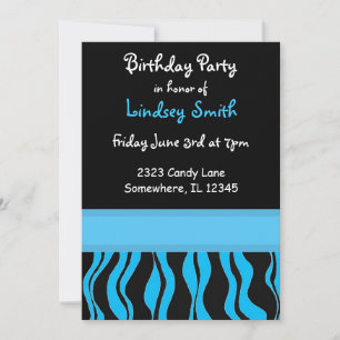 Invitation d'anniversaire à motif zèbre bleu et no