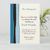 Invitation d'anniversaire à rayures bleues et noir (Debout devant)
