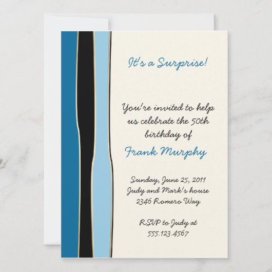 Invitation d'anniversaire à rayures bleues et noir (Devant)