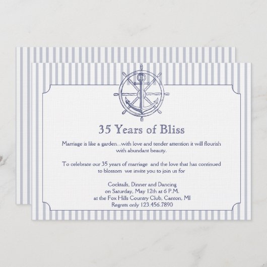 Invitation d'anniversaire à rayures grises d'ancre (Devant / Derrière)