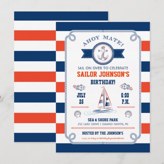 Invitation d'anniversaire à rayures nautiques (Devant / Derrière)