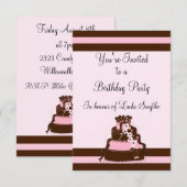 Invitation d'anniversaire à rayures roses et choco (Devant / Derrière)