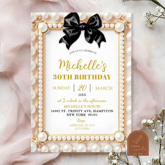 Invitation d'anniversaire à ruban noir perlé