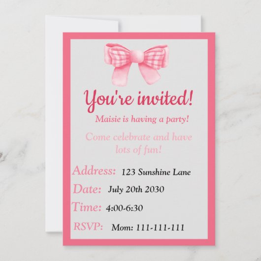 Invitation d'anniversaire à ruban rose (Devant)