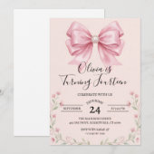 Invitation d'anniversaire à ruban rose Coquette (Devant / Derrière)