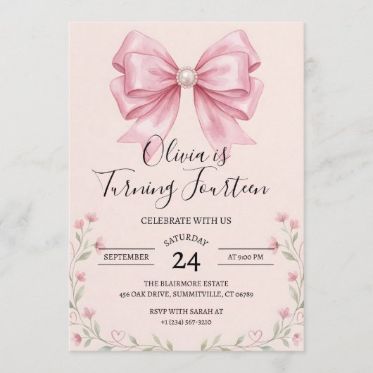 Invitation d'anniversaire à ruban rose Coquette (Devant)
