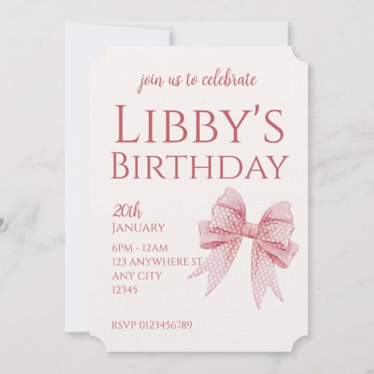 Invitation d'anniversaire à ruban rose pâle (Devant)