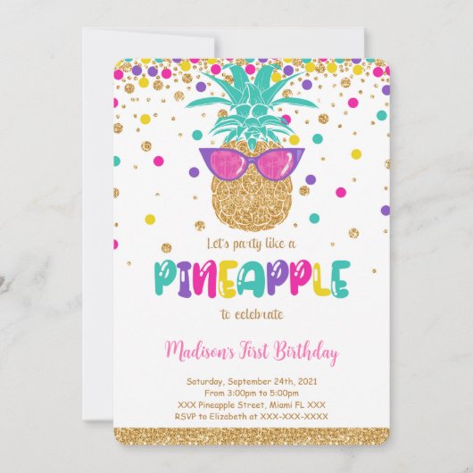 Invitation d'anniversaire à thème ananas (Devant)